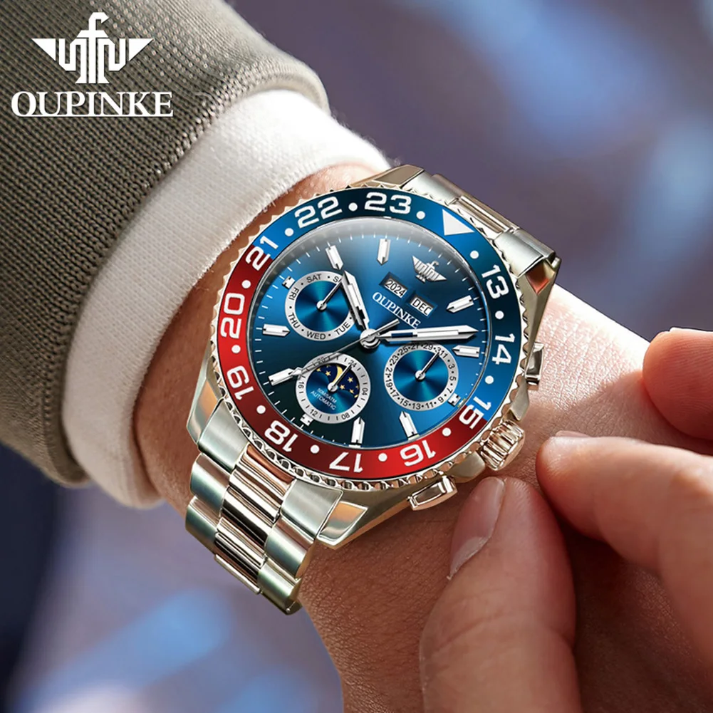 Oupinke 3271 relógio masculino original marca todo automático relógio mecânico multifuncional fase da lua cronógrafo presente superior reloj