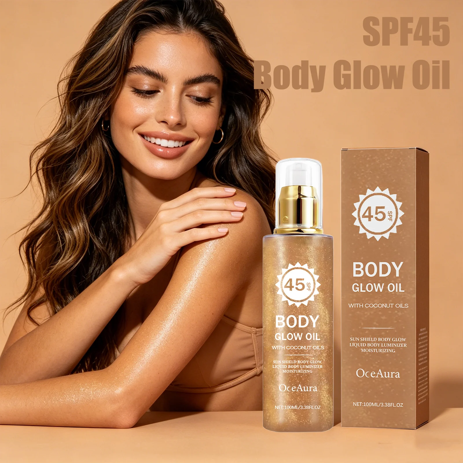 OceAura Body Glow Oil Coconut Oil SPF45 Long-Lasting Sun Protection Water Resistant Infused Moisturizing Shimmer Body Essence