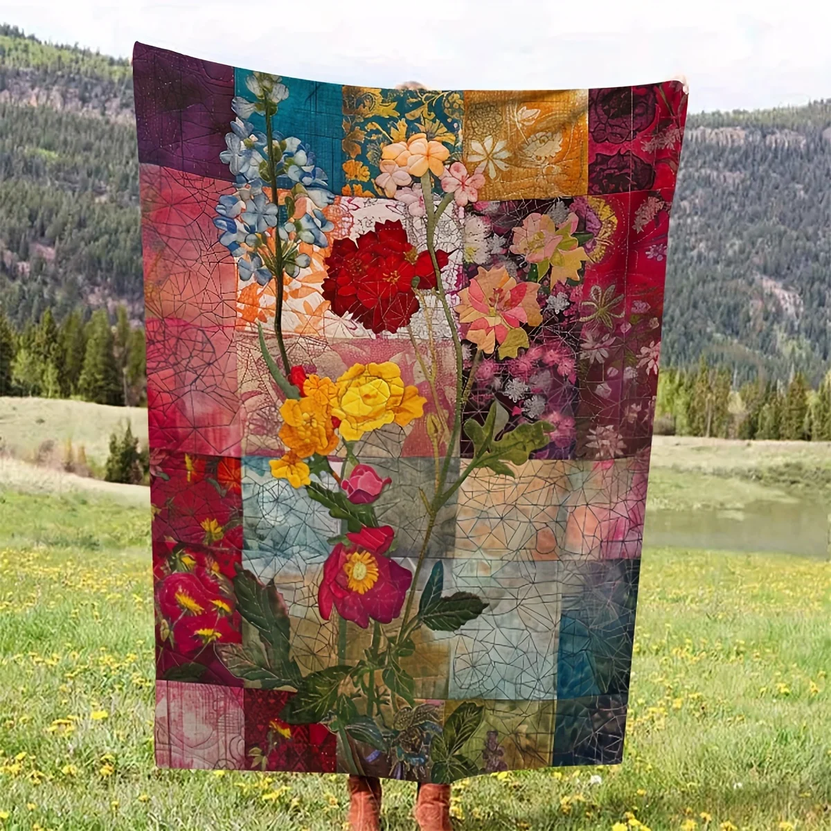 Floral Patchwork Soft Fleece Blanket for Daughter, Rustic Cabin Style Flannel Throw Blanket, Cozy Gift Blanket