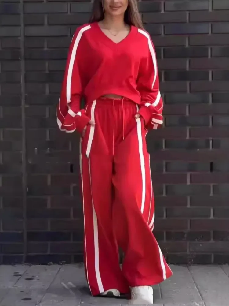 Pakaian Celana Olahraga Kasual Wanita Set 2 Potong Musim Gugur Baru Atasan Lengan Panjang Set Celana Kaus Setelan Fashion Dua Potong