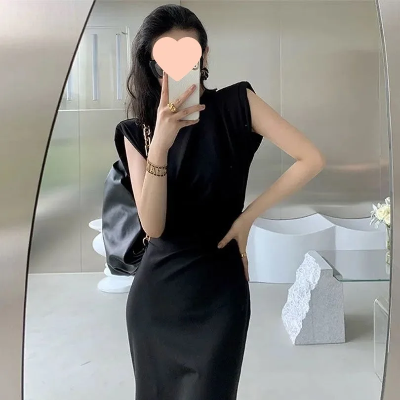 Elegant Black Sleeveless Women's Dress High Waist A-Line Midi Summer Design Sensation plus Size Celebrity Style Dress