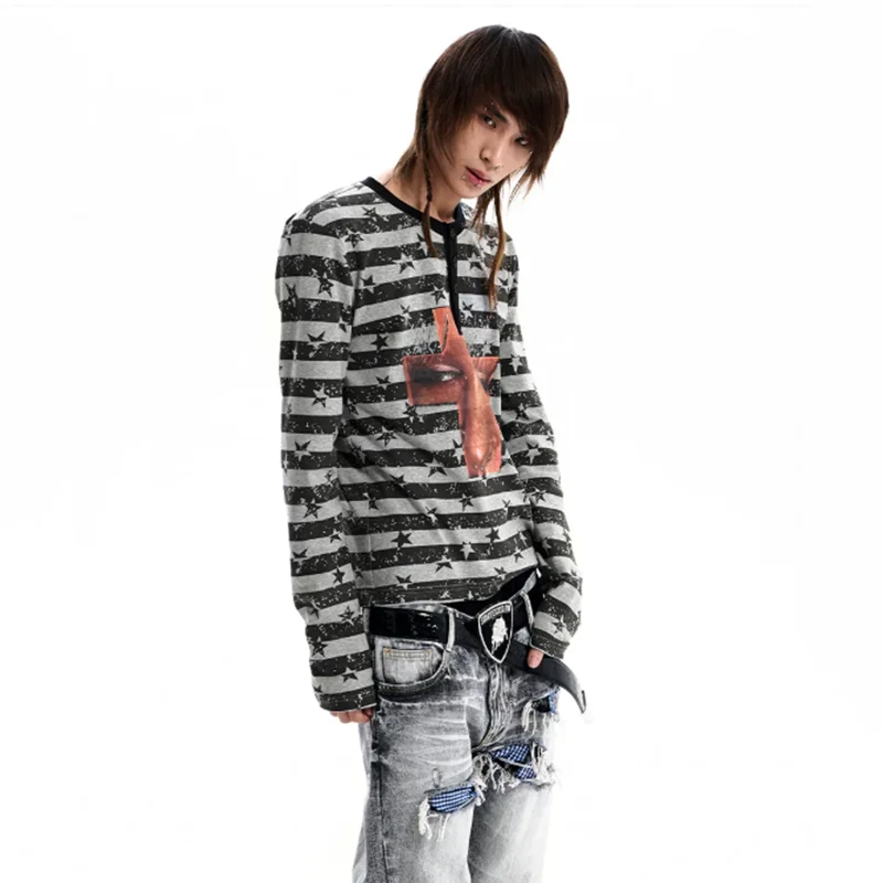 LUZHEN 2026 Autumn Fashion Stripe Printed Profile Picture Long Sleeve T-shirt Men's Handsome High Quality Round Neck Tops JY9021