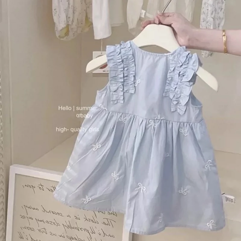 

New Summer Baby Girl Dress Girl's Bow Embroidered Clothing Round Neck Small Flying Sleeves Princess Dress Blue Children's Dress