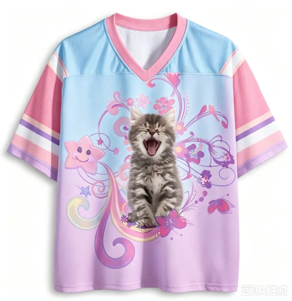 Rainbow Cat Amusement Park Sport-T-Shirt 3D-Druck Herren Damen T-Shirts V-Ausschnitt Lässig Modisch Bequem Eltern-Kind-Kleidung – Detail 2