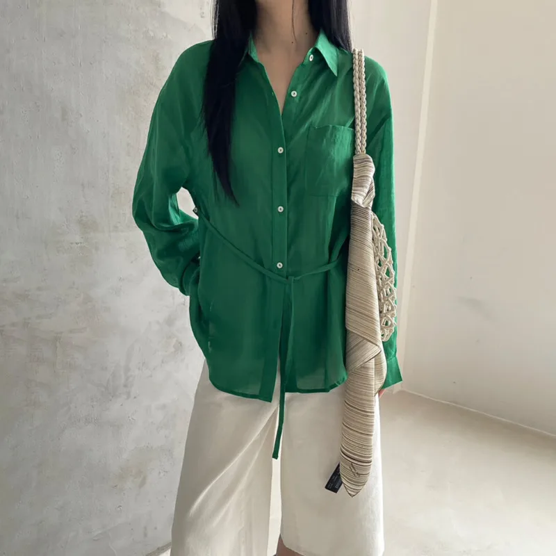 

KWTX SS 2025 Elegant Luxe Casual Lightweight Single Breasted Shirt Top Solid Color Lapel Collar Tie Belt Chic Designer Blouse