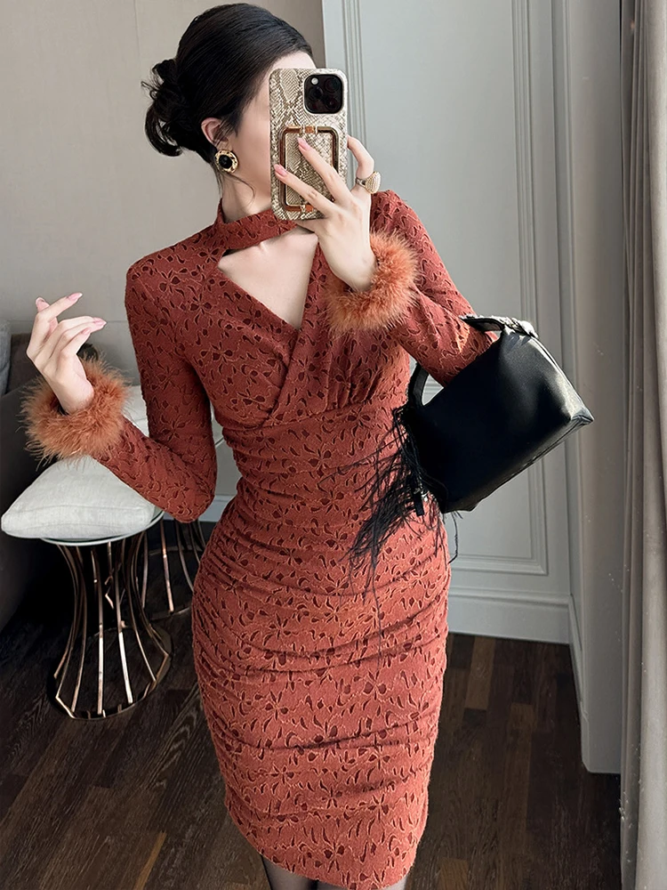 ชุดเดรสออกงานวันเกิดขนนกสไตล์ฝรั่งเศสสำหรับผู้หญิง ชุดราตรีสั้นเข้ารูปเซ็กซี่หรูหราสำหรับงานพรอม ชุดราตรีออกงานกลางคืนสำหรับผู้หญิง