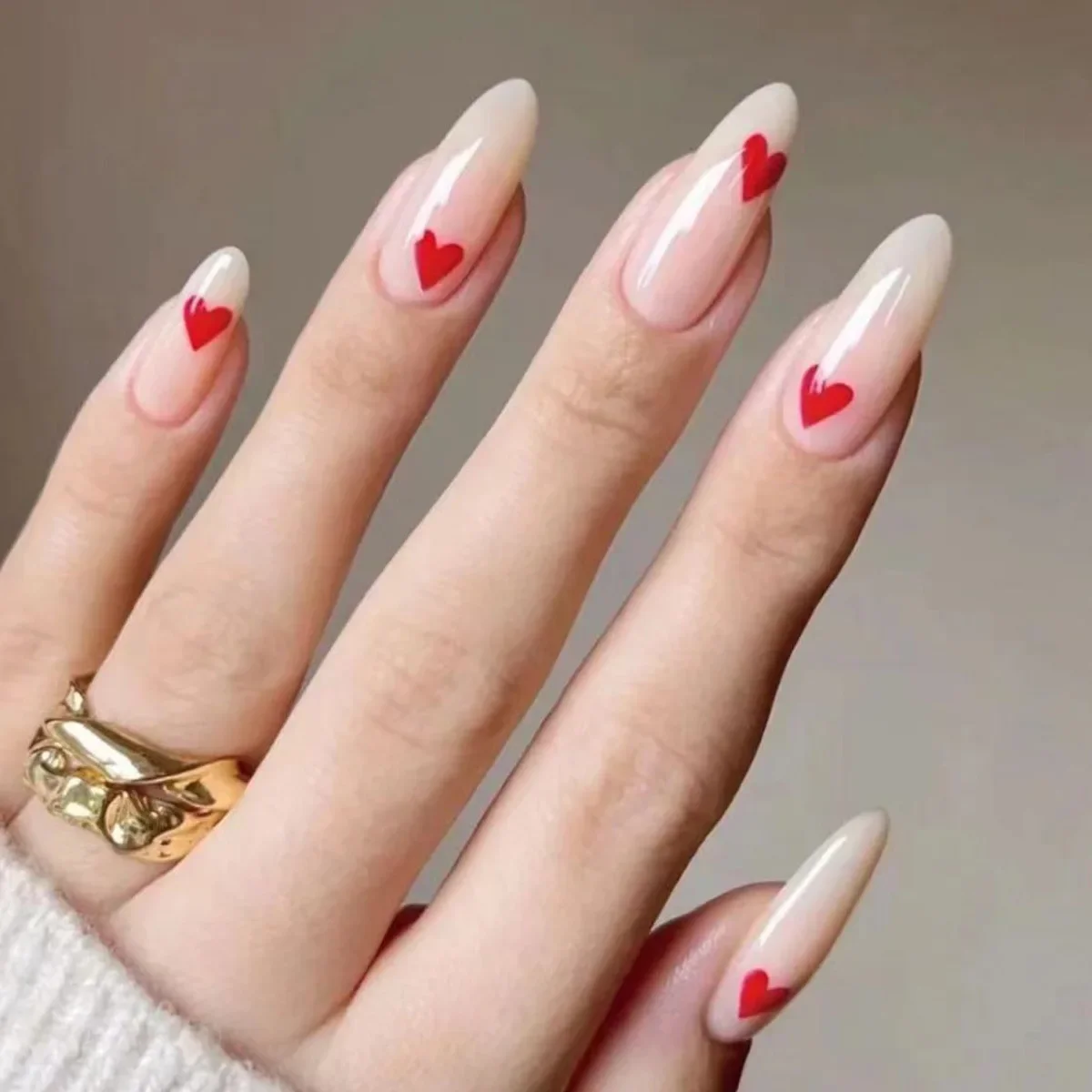 Juego de 24 uñas postizas acrílicas, colección de Uñas postizas, corazón rojo, almendra larga, cubierta completa extraíble, puntas de uñas postizas acrílicas blancas