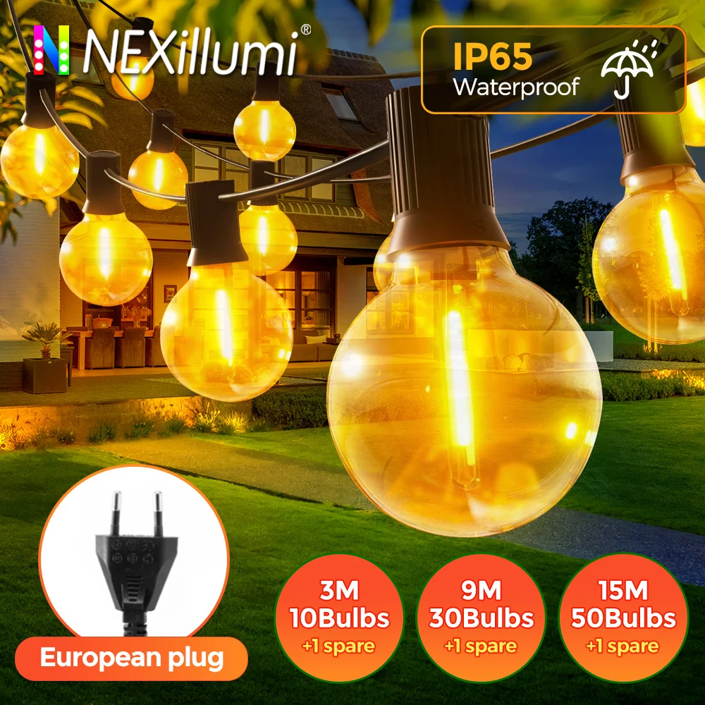 G40 LED Globe String Lights Outdoor, 15M 50 Pcs IP65 Plastic Bulbs, Balcony Garland Fairy Lamps for Wedding Christmas Party Deco