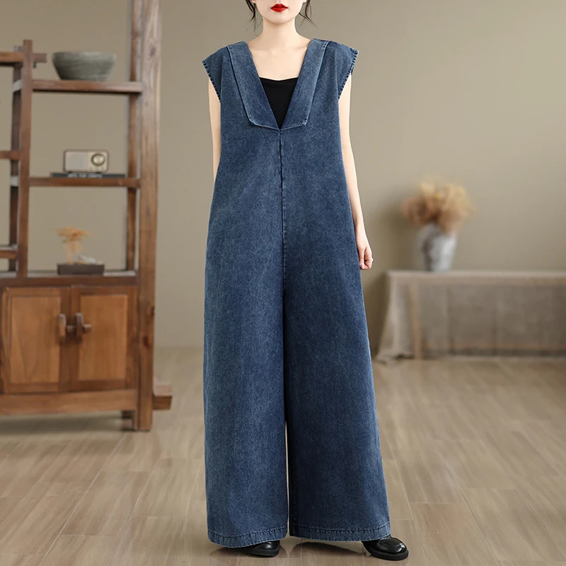 Long One-Piece Denim Overalls Loose Fit Vintage Style Casual Cotton Polyester Blend Wide Leg Pants for plus Size Women
