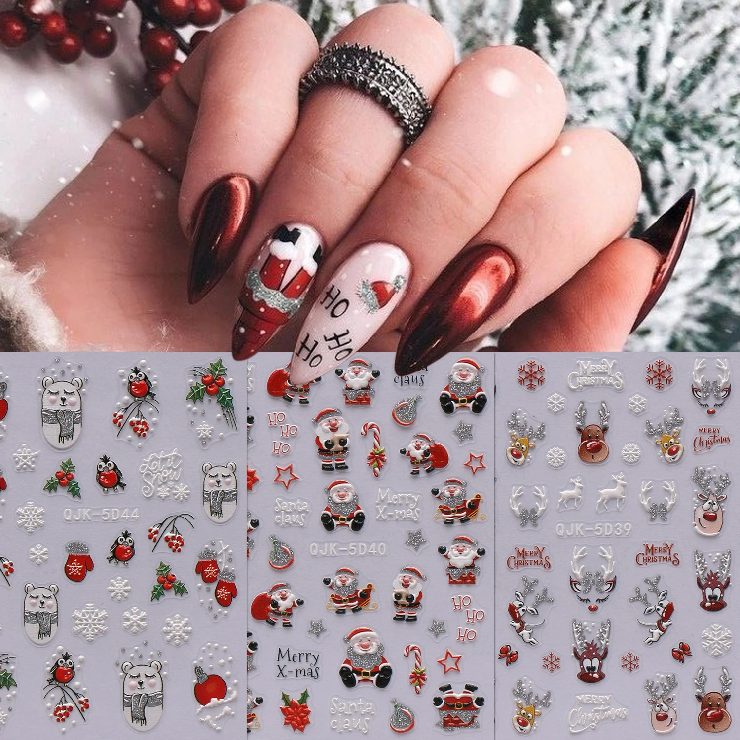 3 Stück Weihnachtsglitzer geprägte niedliche Cartoon-Aufkleber, Geschenke, Heimwerken, Party-Make-up-Styling, Kunstaufkleber, einfach aufzutragender Nagel