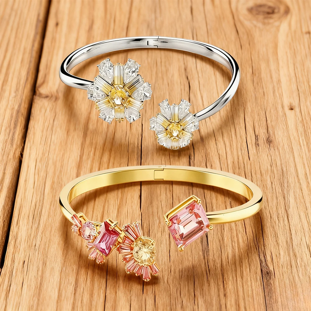 

2025 New Elegant accessories High quality chrysanthemum bracelet, personalized gold pink diamond flower crystal women's bracelet