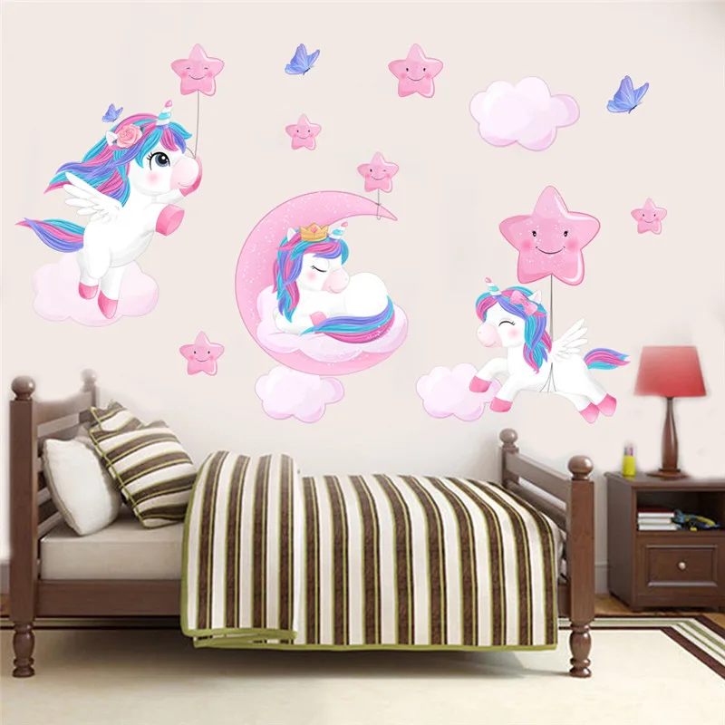 Unicorn Wall Stickers Cartoon Stars Butterfly Unicorn Wall Sticker For Kids Room Wallpaper Girls Bedroom Decoration Mural Muraux