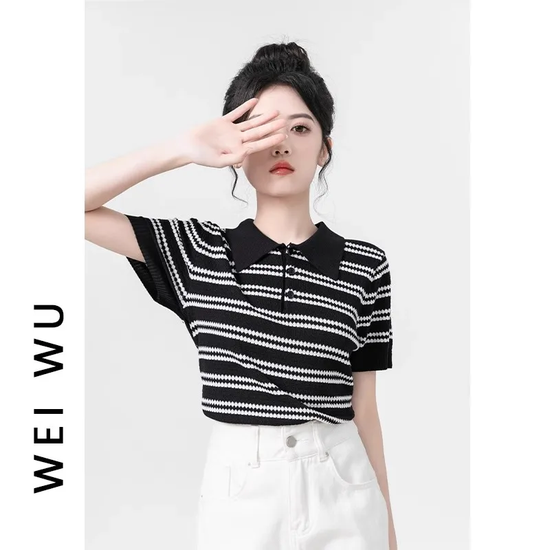 

Bla Ne Striped Knitted ort Sve T-irt Women Summer Loose Color Blo oulder Top Comfortable Regular Fit Knit...