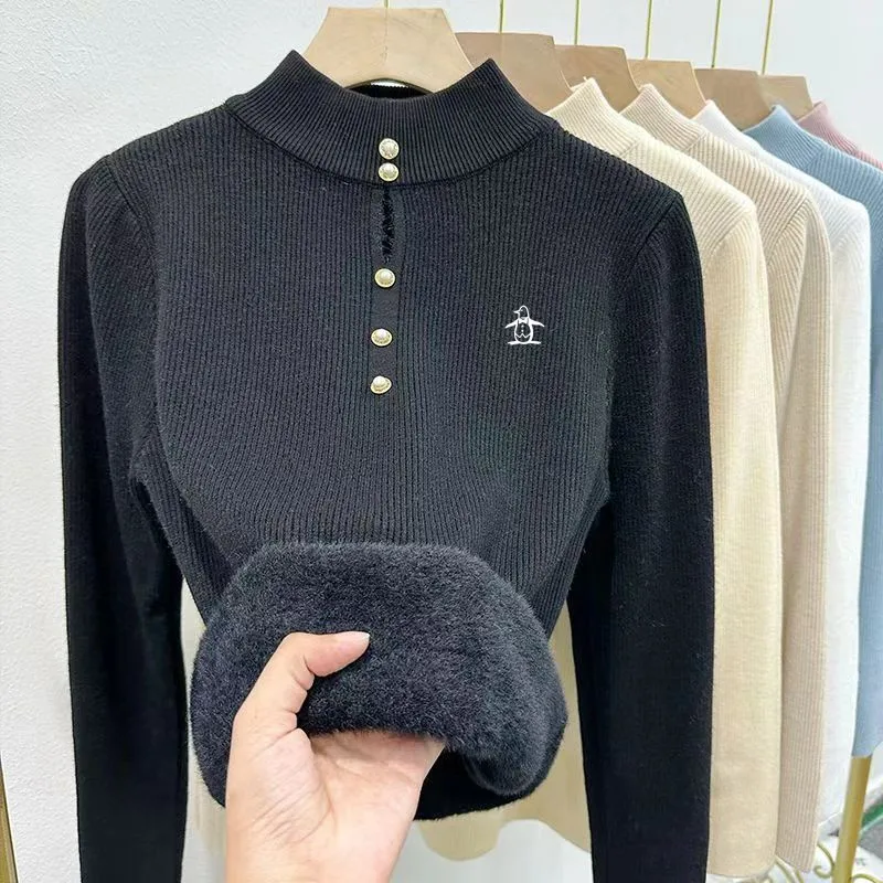 방풍니트골프 Autumn Winter Golf Wear Women 2024 New Korean Golf Sweater Half High Collar Add Velvet Knit Blouse Women Golf Clothes