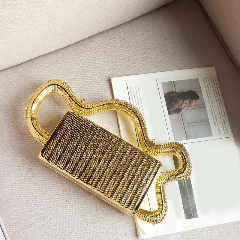 Wavy Handle Gold Metal Evening Clutch, Weave Pattern Acrylic Box Purse, Unique Woven Box Handbag for Women