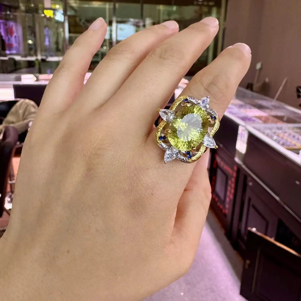 Natural Lemon Quartz Ring 925 Sterling Silver Adjustable Two Tone Handmade Halo Statement Gemstone Ring for Women 12x16mm