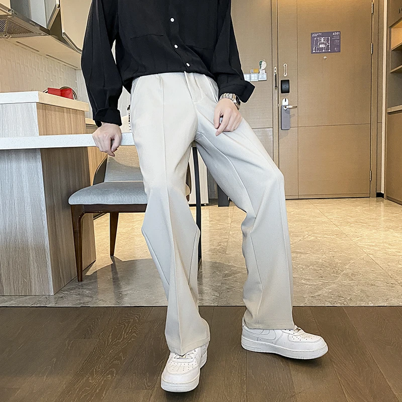 Spring Summer Men Suit Pants Wide Leg Long Drape Trousers Fashion Streetwear Clothing Solid Stretch Waist Oversize Pants Black