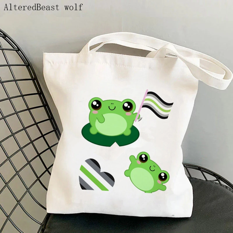 Women Shopper bag Kawaii Froggy Waving Abrosexual Pride Flag Bag Harajuku Canvas Shopper Bag girl handbag Shoulder Lady Bag