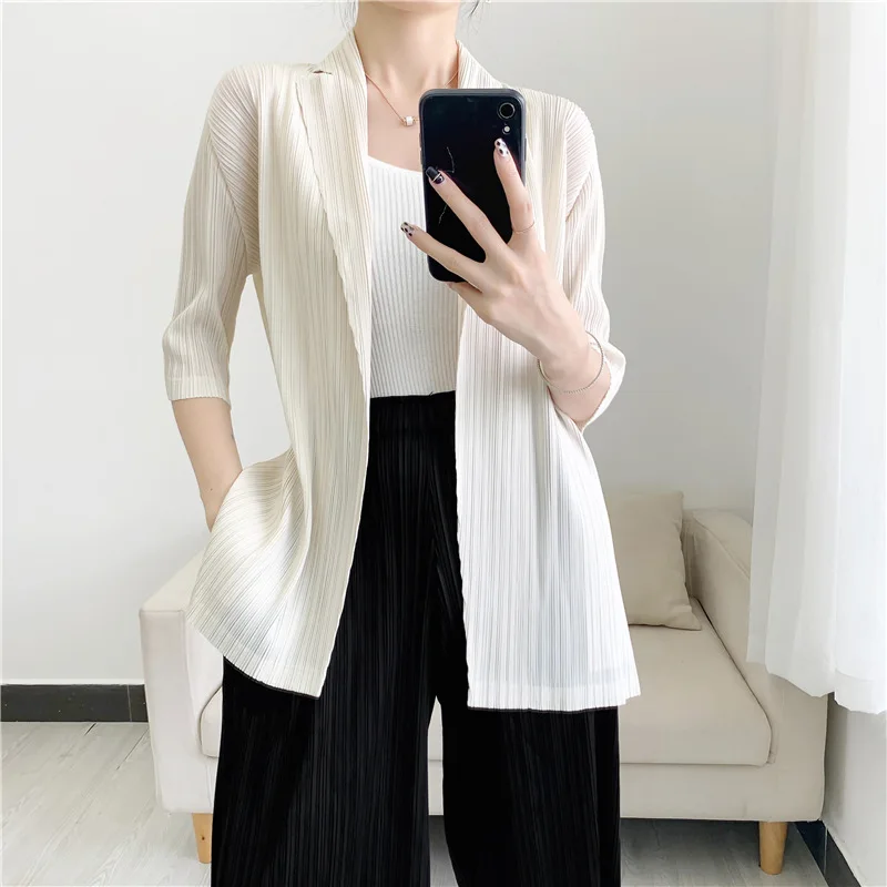 Miyake Pleated Solid Color Cardigan Tops Women's T-shirt Summer New Loose Shirts and Blouses Aesthetic Clothing Loose