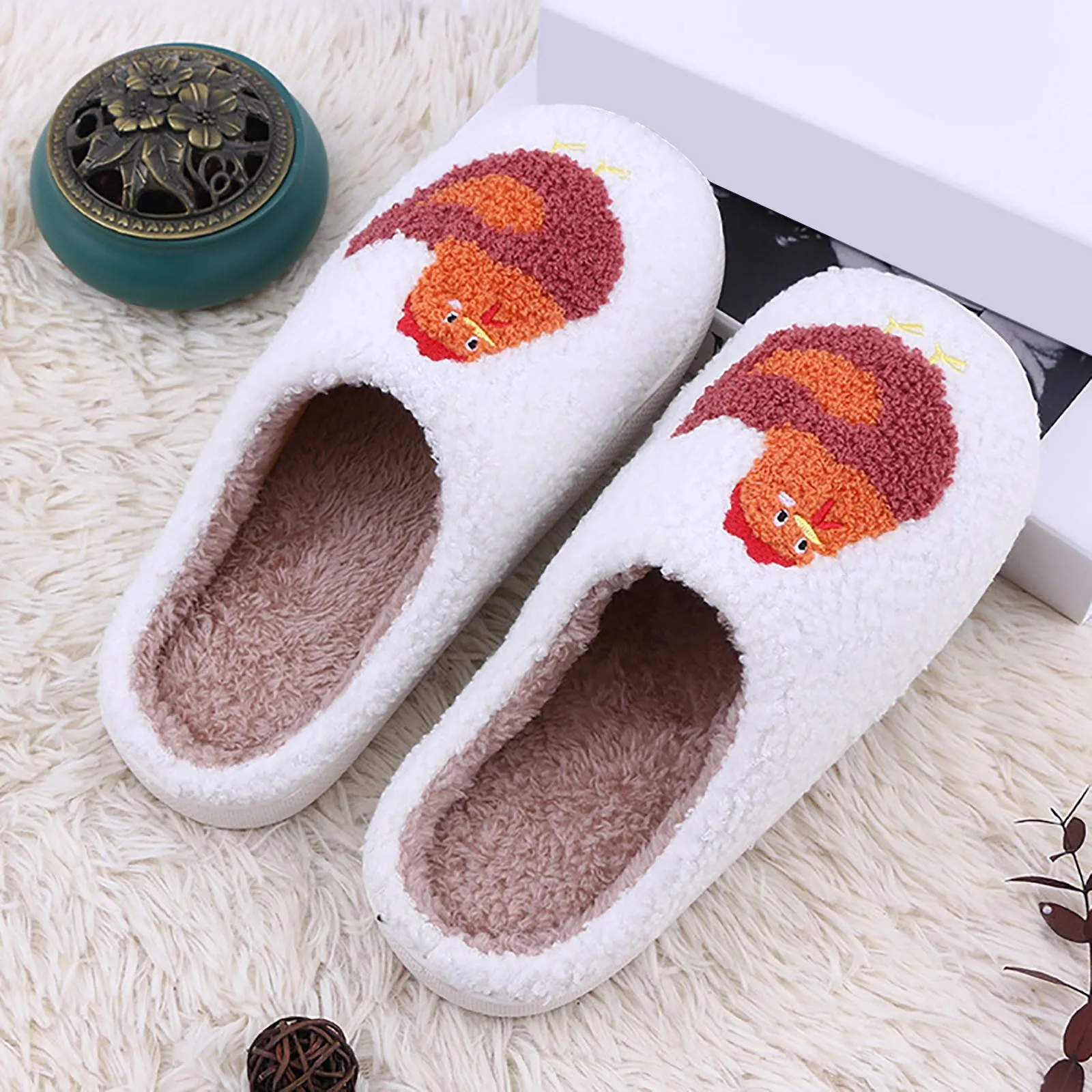 Women'S Slippers Winter New Chicken Print Plush Slippers Soft Bottom Warm Home Cotton Slippers With Toe Cover Indoor Slippers