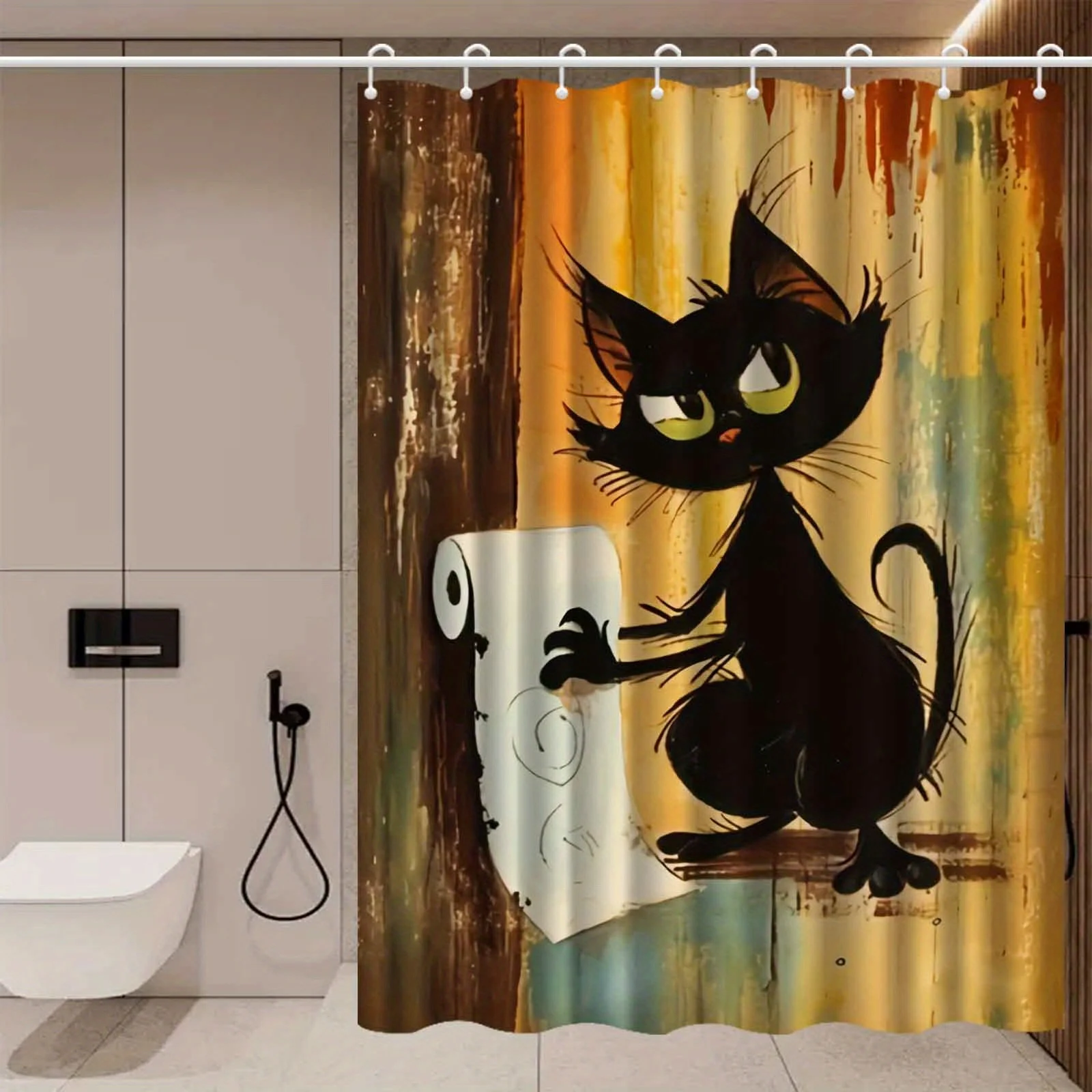 Funny Black Cat Shower Curtain Cartoon Cat Holding Toilet Paper Humor Art Bathroom Decor Waterproof Fabric Bath Curtain Set Home