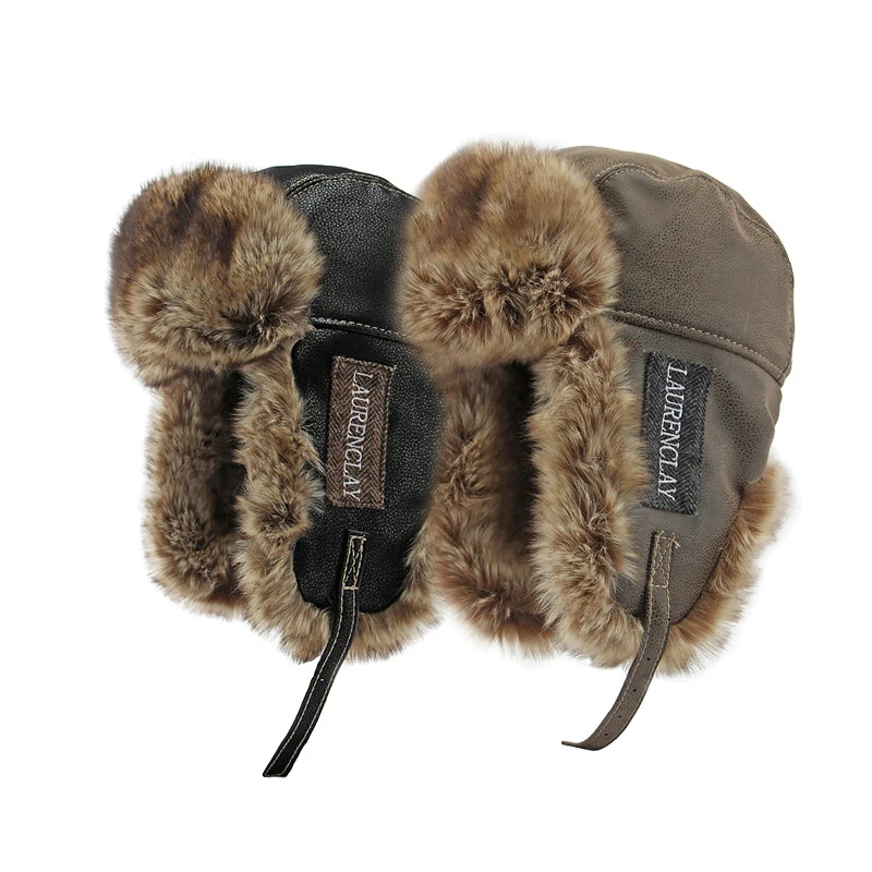 Winter Bomber Hat Men PU Leather Middle Elderly Dad Cap Thicker Warm Russian Ushanka Hat Faux Fur Unisex Snow Bonnet Earflap Hat
