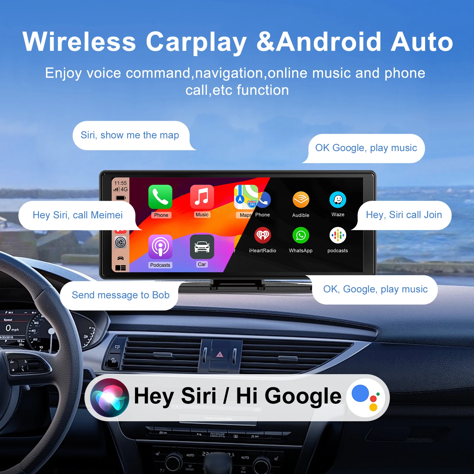 10.26 Inch Portable CarPlay Screen with 4K Dash Camera Wireless CarPlay & Android Auto Touchscreen Reverse Camera Plug & Play