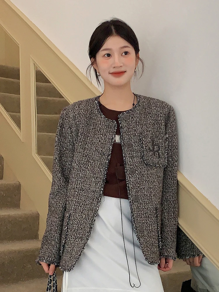 Boran Fashionable Small Fragrance Style Jacket Women's Loose Fit Button Detail Polyester Fiber Long Sleeve round Neck Coat