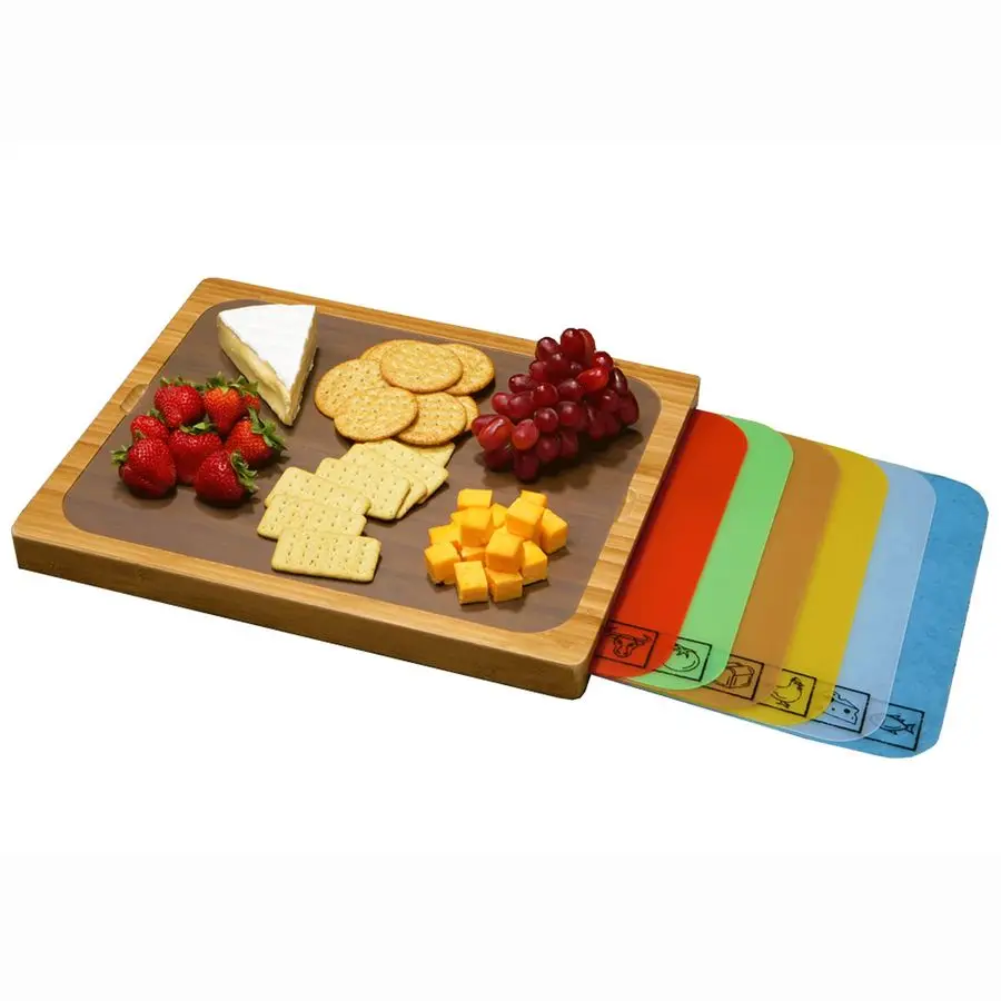 

Bamboo Premium Wood Cutting Board Serving Tray w 7 ColorCoded BPAFree Mats, for Chopping Bread, Cheese, Fruits, Vegetables, Meat