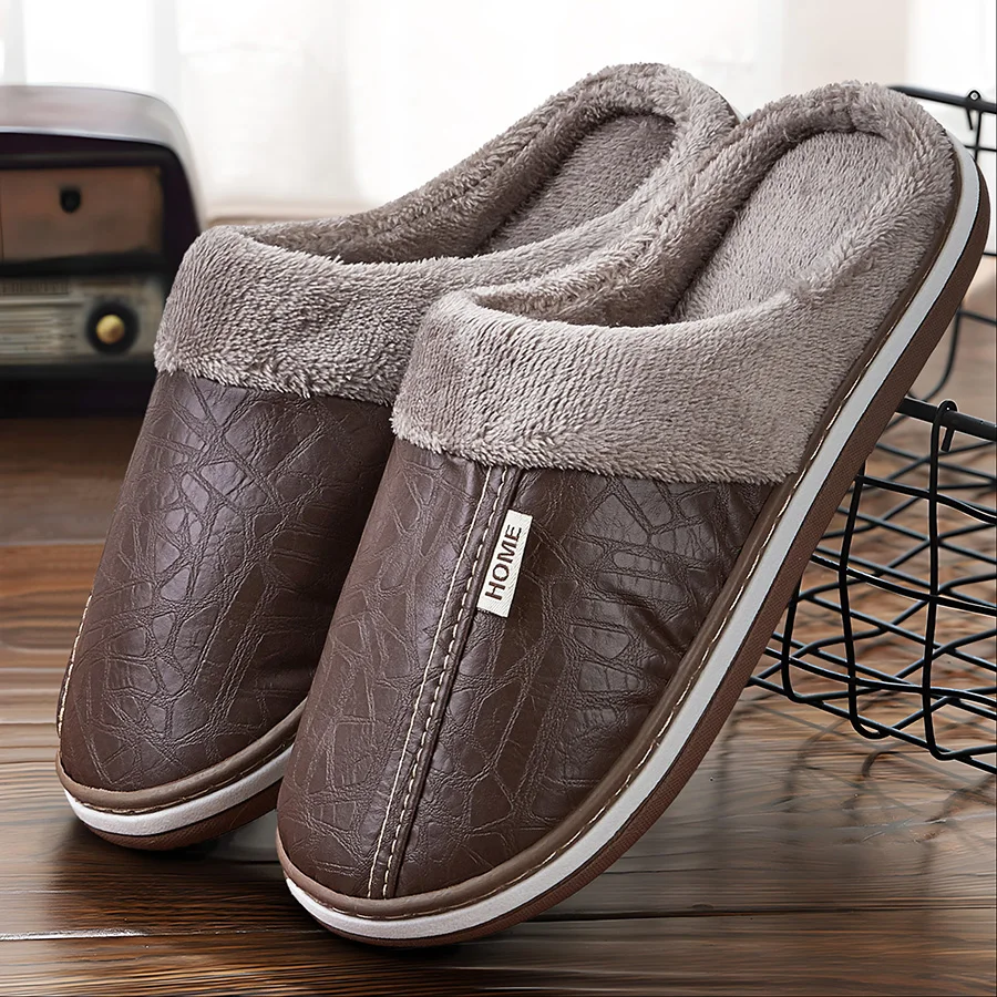 

Warm Slippers for men With TPR Sole PU Waterproof Memory Foam Cushion Non Slip Soft Comfort Indoor Shoes Winter