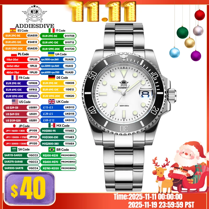 ADDIESDIVE Quartz Watch 316L Stainless Steel Windows Display Blue luminous 20Bar Ceramic Ring Waterproof Reloj Hombre Men Watch