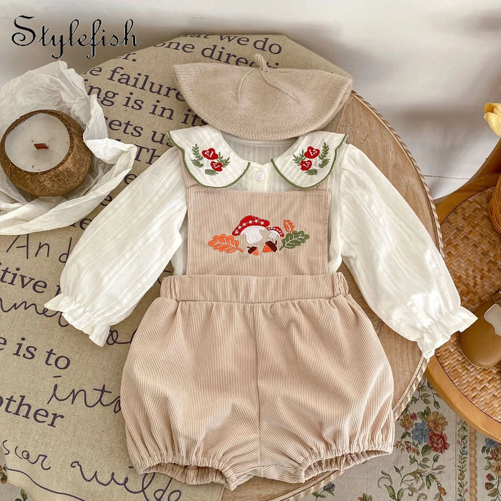 Spring New Baby Clothing GIRL\'s Fashion Versatile Embroidered Polo Collar Cardigan Top+Strap Pants 2-piece Set