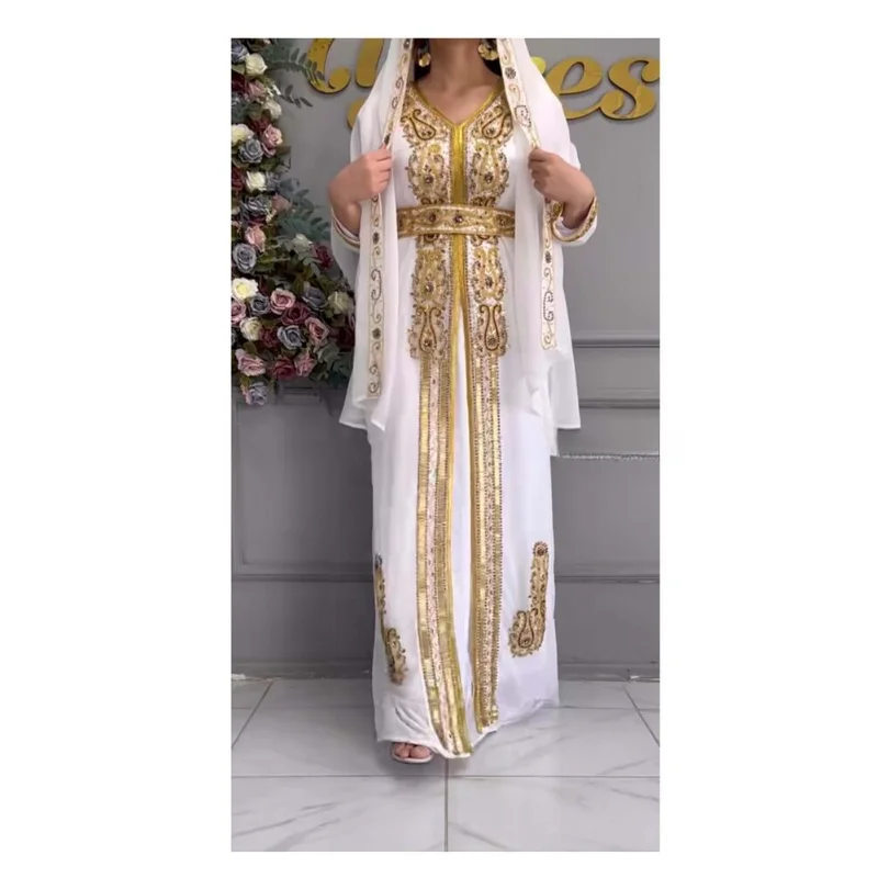 

White Royal Moroccan Kaftan Arabic Party Wear Abaya Handmade Beaded Long Shirts Dresses European and American Fashion Trends