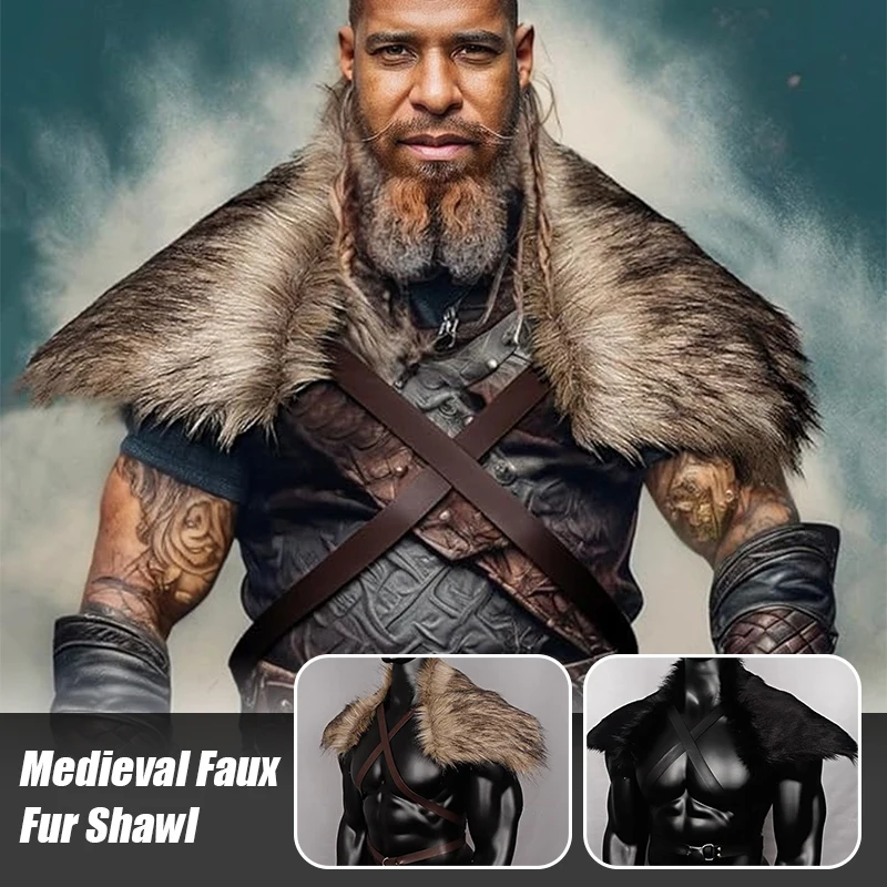 New Medieval Faux Fur Collar Shawl With Strap King Warrior Cloak Shoulder Wrap Cape Men Halloween Cosplay Costume Accessories