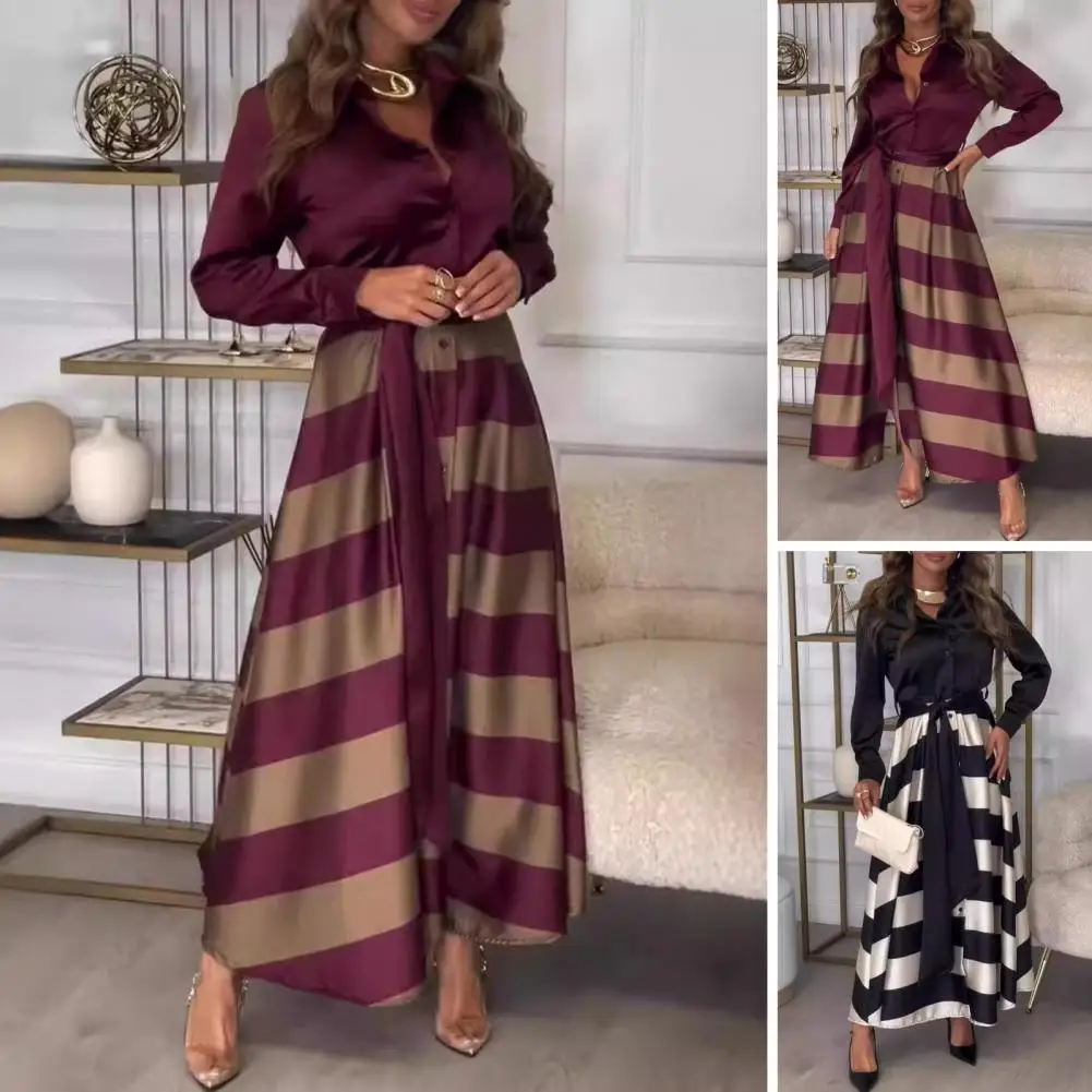 

Lightweight Maxi Dress Elegant Striped Maxi Dress with Lace-up Waist Turn-down Collar for Office Wear Formal Business for Women