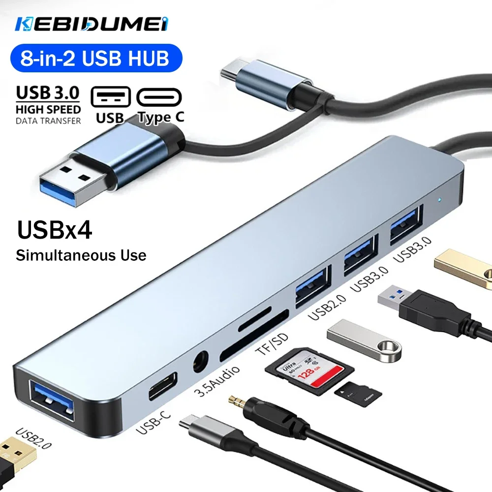 KEBIDUMEI 8 Ports Dual-Head USB 3.0 Hubs 5Gbps USB C Docking Station OTG Adapter Type C to USB Splitter For Laptop Macbook