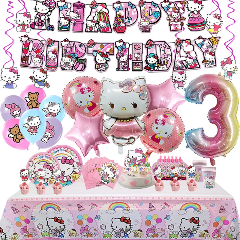 Hello Kitty Birthday Party Decoration Aluminum Foil Balloon For Kid Event Supplies Disposable Tableware Banner Backdrop Gift