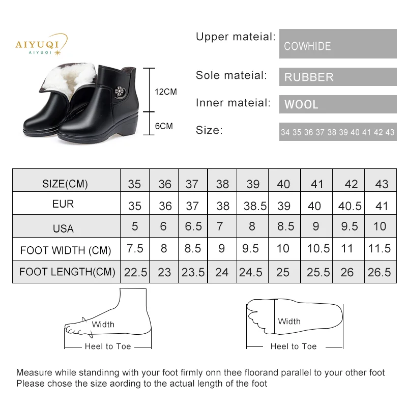 AIYUQI 2024 Winter Boots Women Genuine Leather Big Size Mother Wedge Boot Black Platform Boots Thick Wool Ankle Boots Women