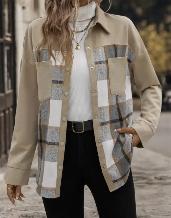 

2025 Autumn and Winter New Casual Retro Style Jacket, Warm Brushed Lapel Plaid Splicing Jacket for Women
