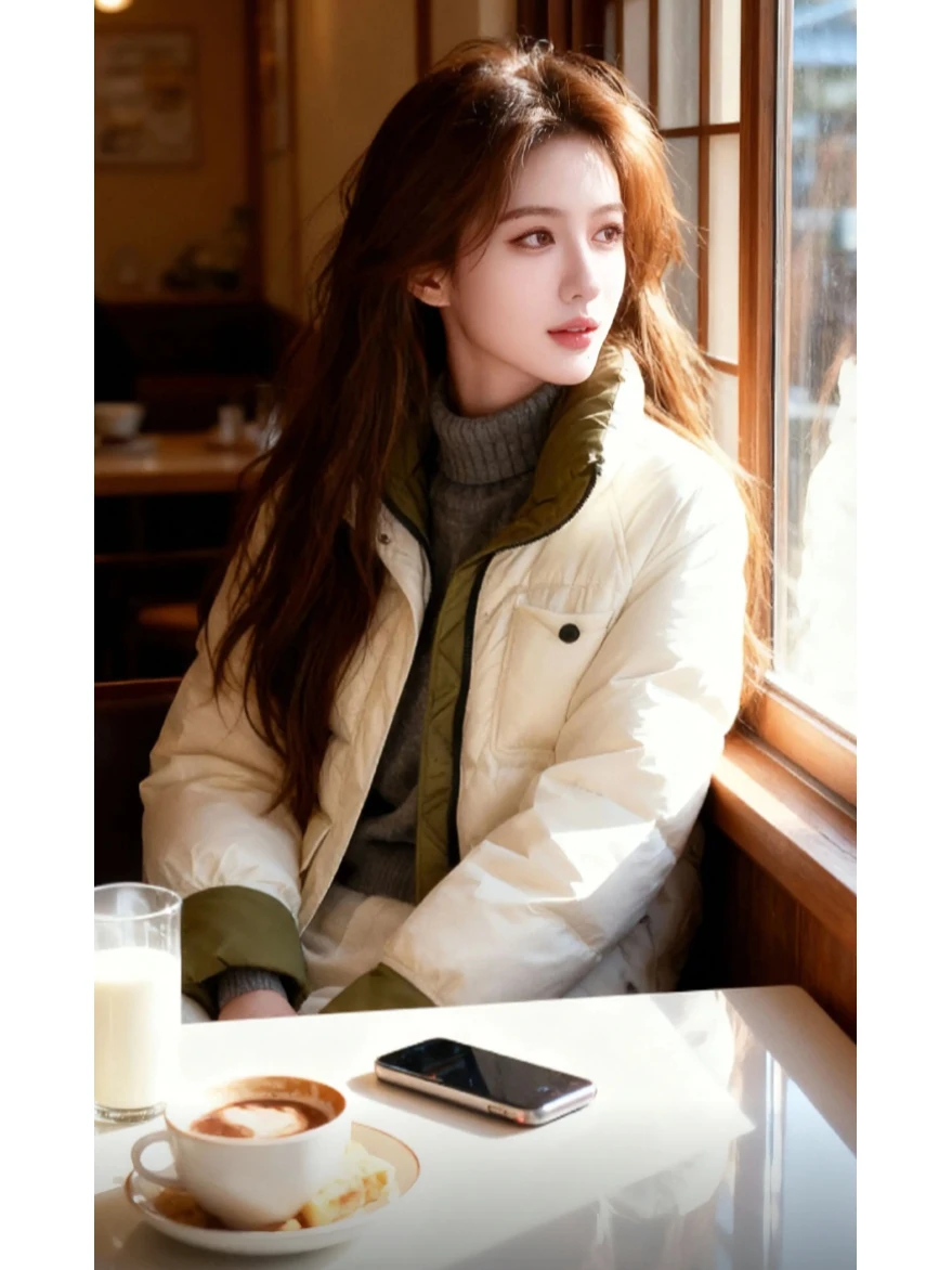 

Women's down Cotton Jaet Thiened Winter Coat Casual Bread Sle ort Length Zipper Closure Long Sve Korean Version