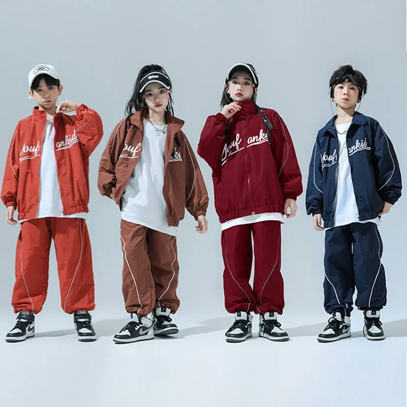 Vêtements Hip Hop pour enfants, veste coupe-vent à fermeture éclair rouge vin, haut décontracté, pantalon de jogging large pour filles et garçons, Costume de danse Jazz, ensemble de vêtements