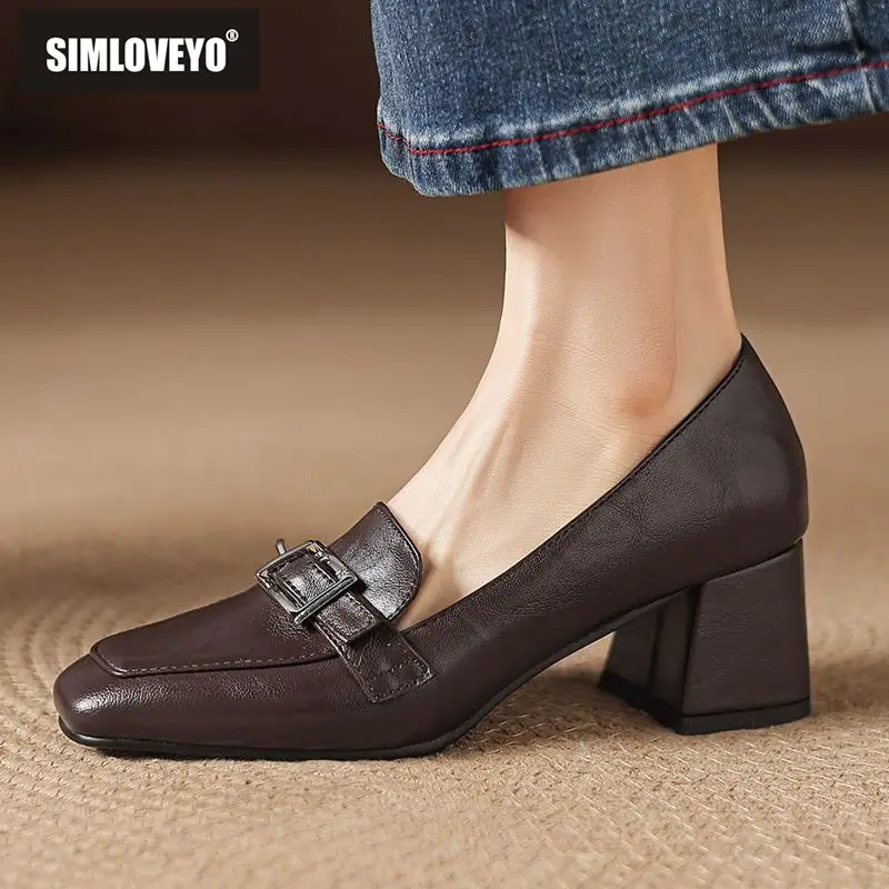

SIMLVOEYO Brand Office Lady Pumps Square Toe 5.5cm Thick Heels Slip Loafers Belt Buckle Oversize 42 43 Dating Women Footwear