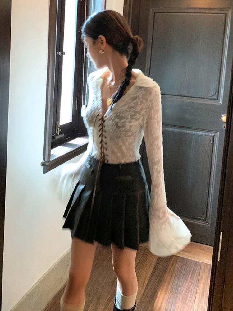 Grunge See Through Sexy Slim Women Shirts Lace Bandage Harajuku Blouse Fairy Flare Sleeve Sweet Y2k Aesthetic Blusas De Mujer