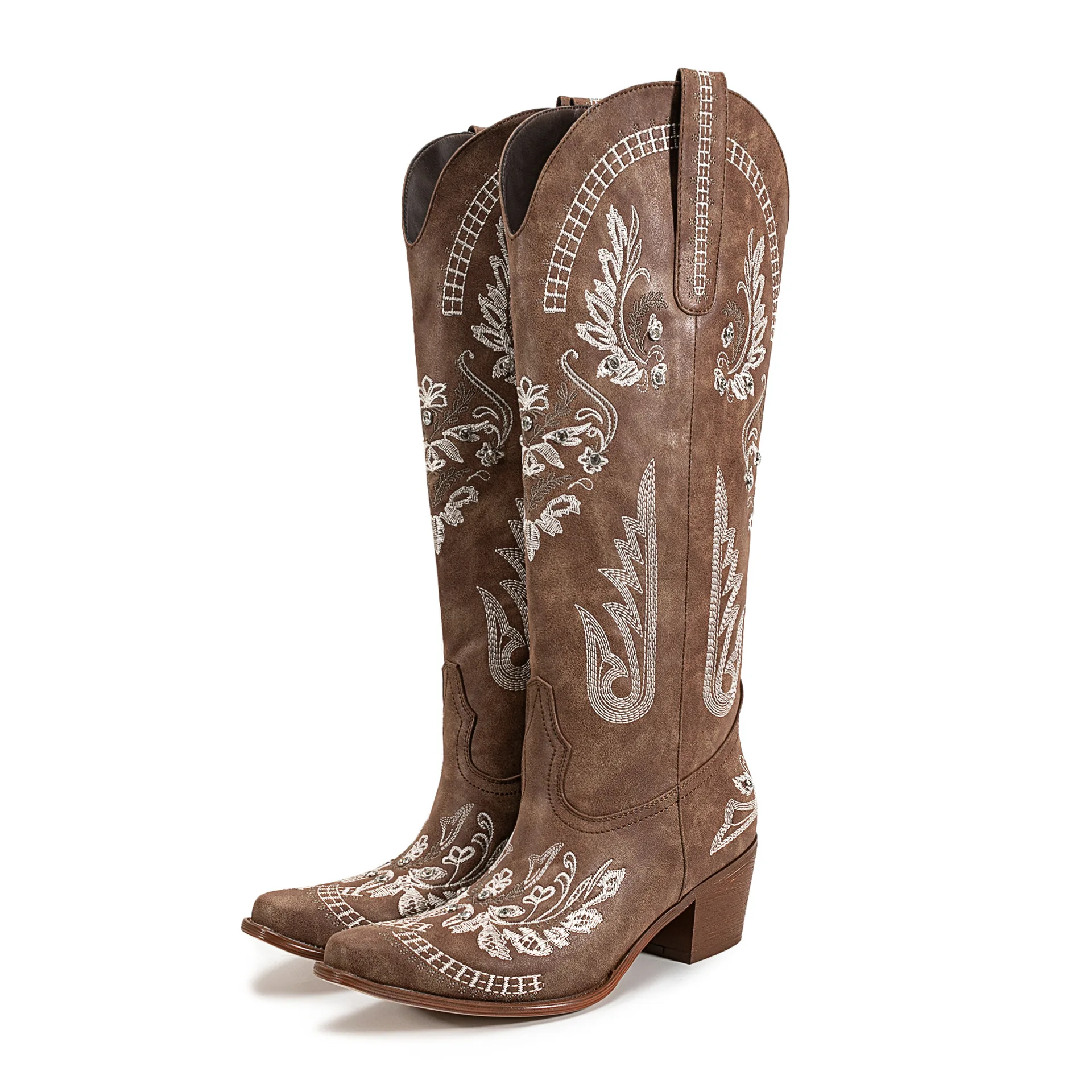 Dames lederen kniehoge cowboylaarzen Vintage geborduurde bloemen westerse laarzen Vierkante neus Blokhak laarzen voor herfst winter