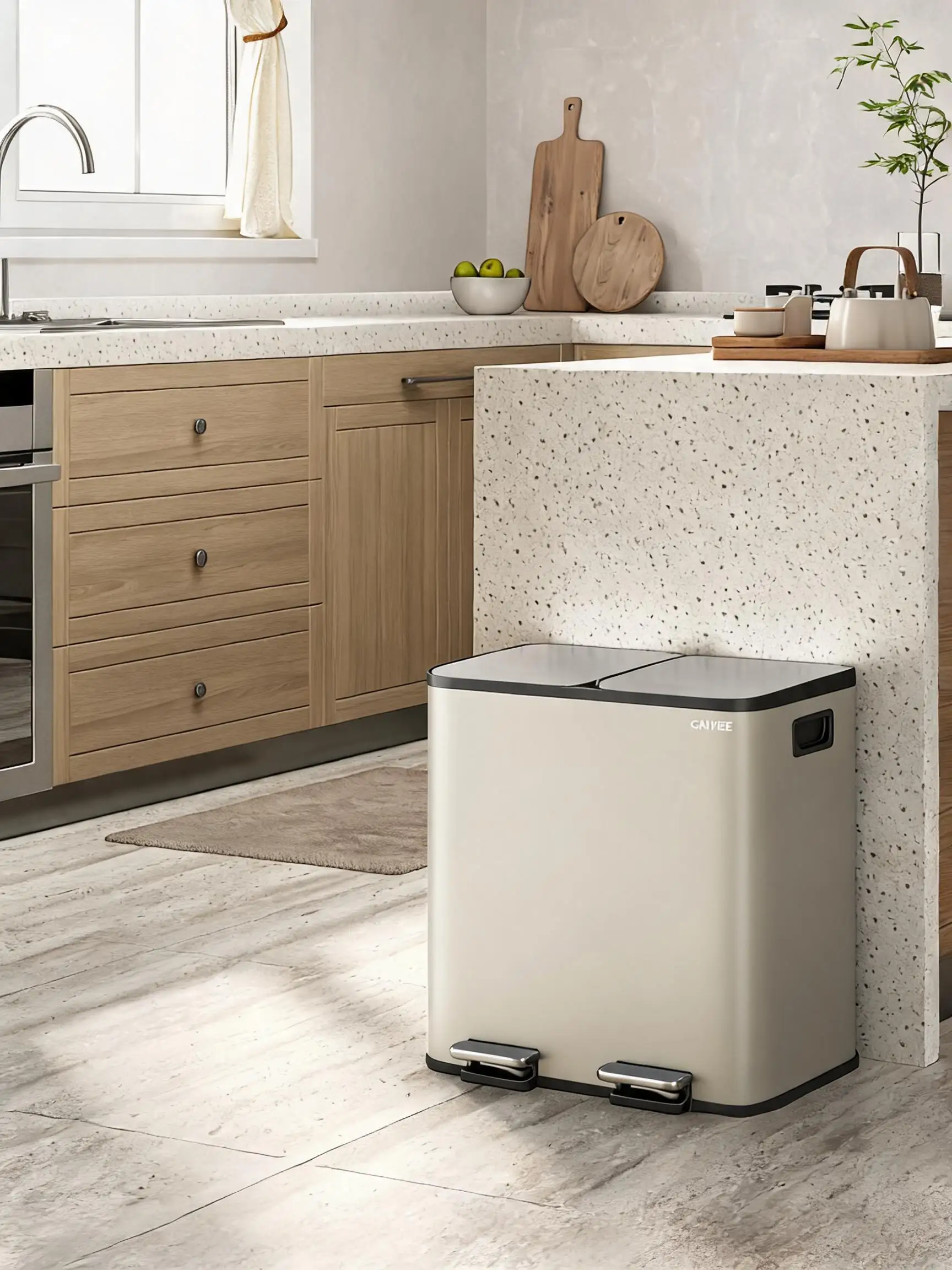 Soluzione compatta per case moderne – Pattumiera da cucina doppia 30L (2x15L), acciaio inossidabile, chiusura a pedale con apertura silenziosa, scomparti separati, contenitori rimovibili, controllo