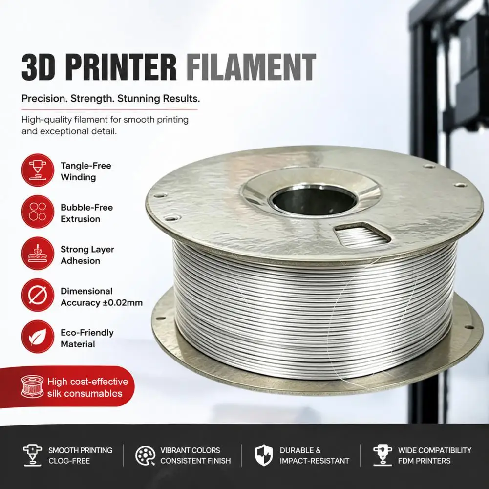 1,75mm Seiden-Silber PLA Filament für 3D-Drucker, 1kg Spule, Metallisch Glänzendes Filament, Sauber Gewickelt für DIY 3D-Modellbau