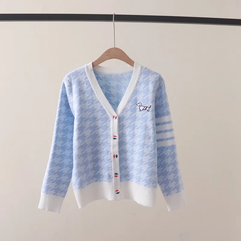 Autumn New Houndstooth Puppy EmbroideryVCollar Long Sleeve Knitted Cardigan Sweater Coat Slim Fit