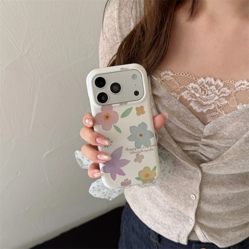 New Watercolor Pastel Floral Phone Case For iPhone 15 16 17 ProMax Letter Print Large Lens Window Glossy Shockproof Soft Cover
