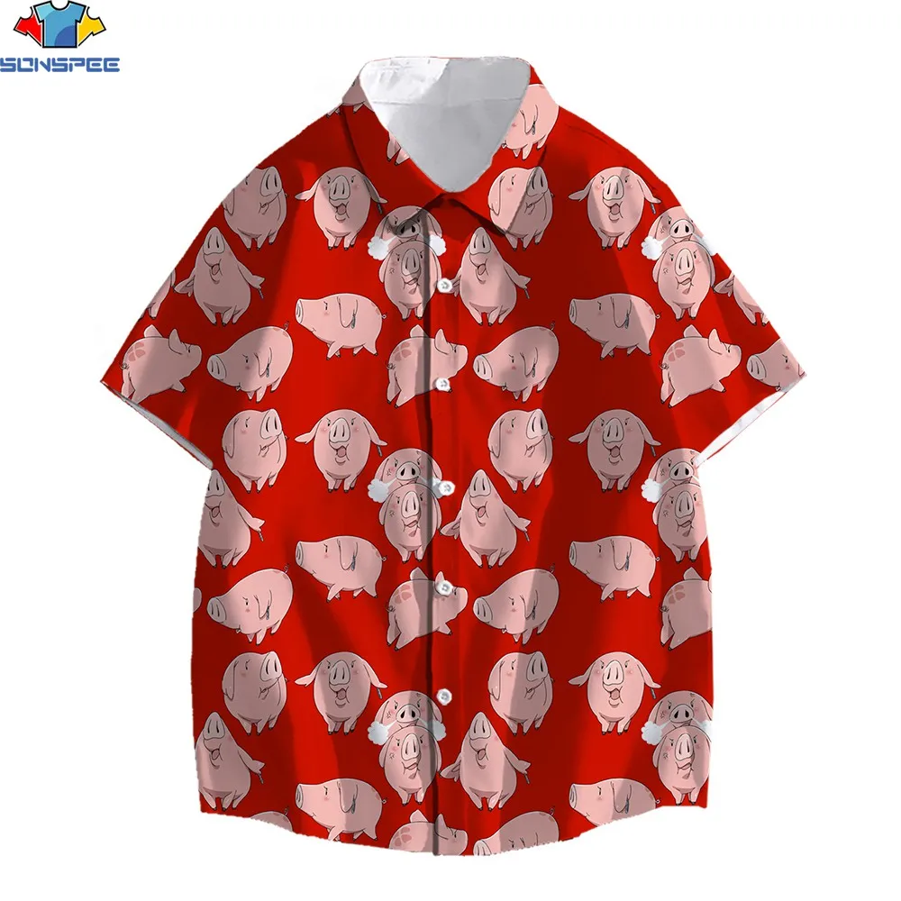 SONSPEE 3D Hawaiian Shirt Popular Japanese Anime Cute Pink Hawk Pig Tiling Animal Super Power Pet Summer Beach Casual Shirt Top