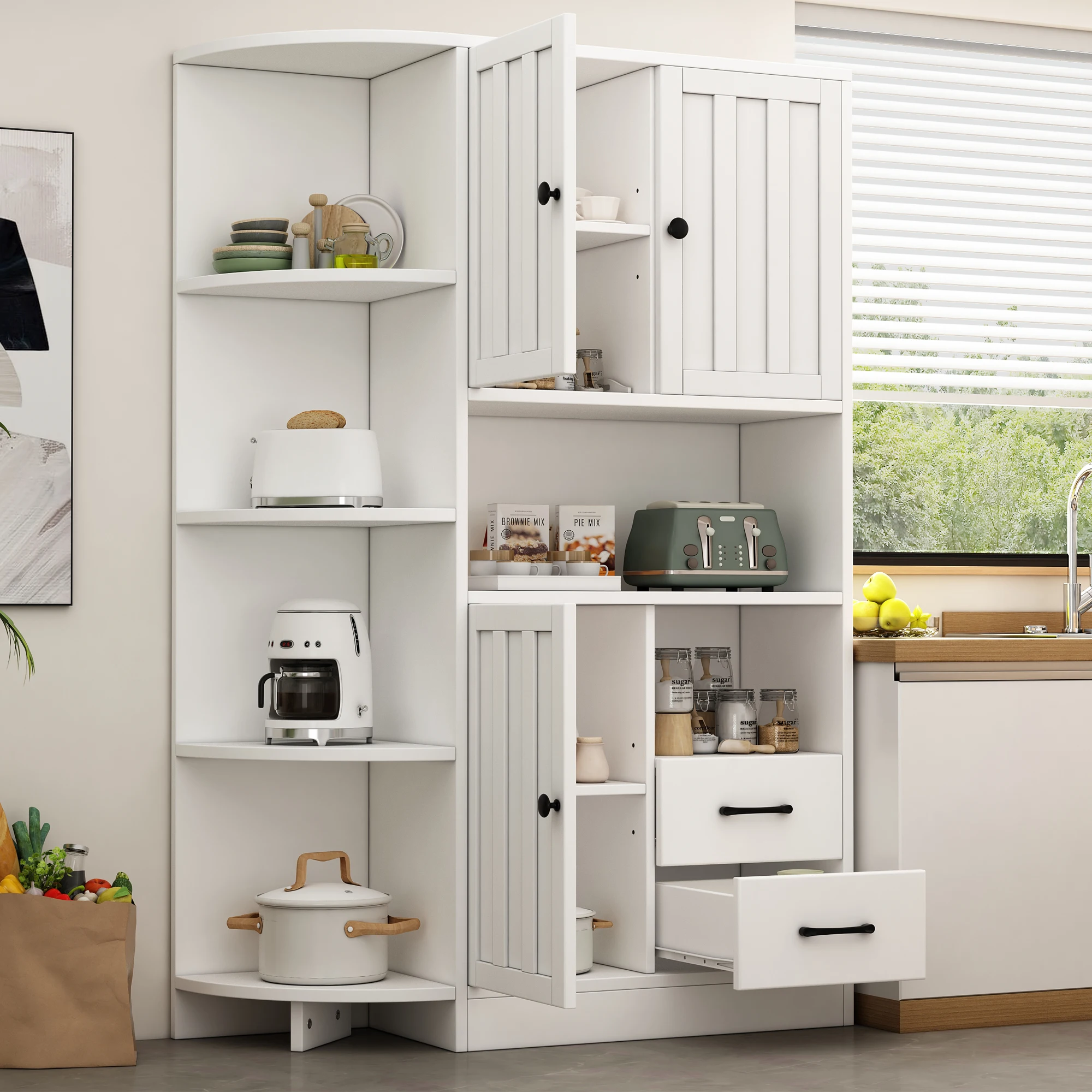 Armoire d'angle 104x35x155cm, Meuble de salon avec 3 placards + 2 tiroirs, 14 sections de rangement, Bibliothèque et Buffet avec étagères réglables, Blanc